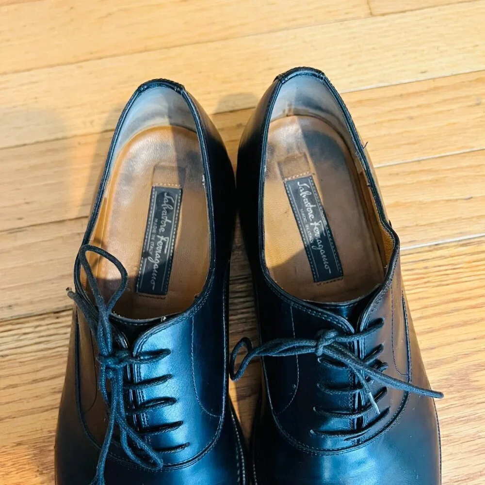 Salvatore Ferragamo Black Leather Cap Toe Oxford Dress Shoes US 9 Made in Italy